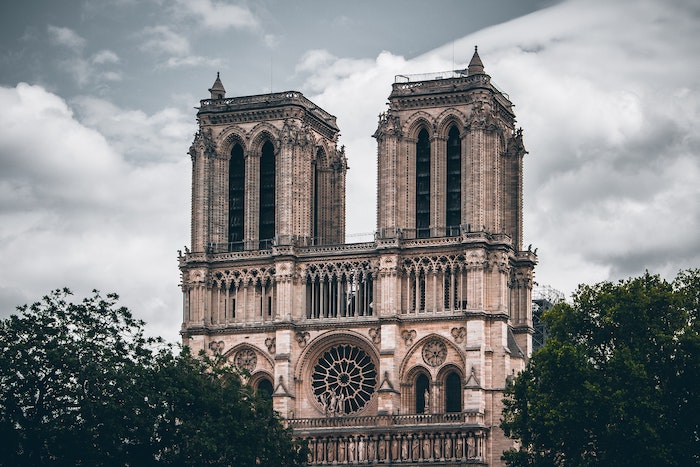 Photo of Notre Dame from a distance, boredered by trees below a cloudy, gray sky.